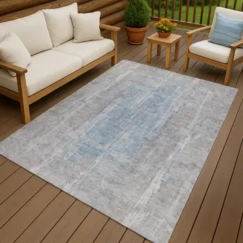 10' X 14' Beige And Blue Abstract Washable Indoor Outdoor Area Rug