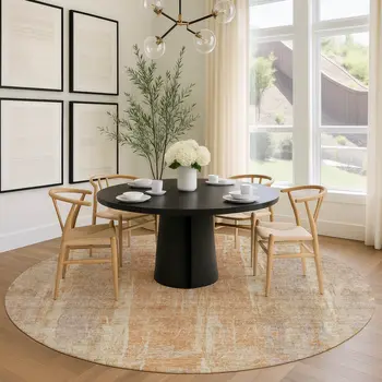 8' Khaki And Beige Round Abstract Washable Indoor Outdoor Area Rug