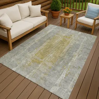 5' X 8' Pewter And Gold Abstract Washable Indoor Outdoor Area Rug