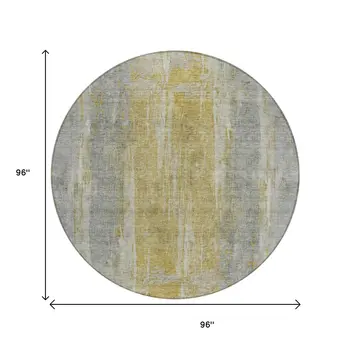 8' Pewter And Gold Round Abstract Washable Indoor Outdoor Area Rug