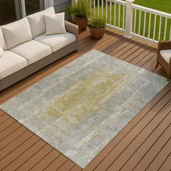 9' X 12' Pewter And Gold Abstract Washable Indoor Outdoor Area Rug