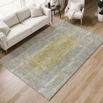 9' X 12' Pewter And Gold Abstract Washable Indoor Outdoor Area Rug
