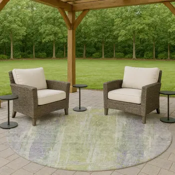8' Plum And Green Round Abstract Washable Indoor Outdoor Area Rug