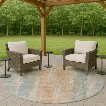 8' Sky Blue And Copper Round Abstract Washable Indoor Outdoor Area Rug