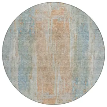 8' Sky Blue And Copper Round Abstract Washable Indoor Outdoor Area Rug
