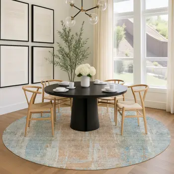 8' Sky Blue And Copper Round Abstract Washable Indoor Outdoor Area Rug