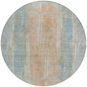 8' Sky Blue And Copper Round Abstract Washable Indoor Outdoor Area Rug