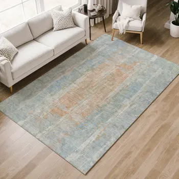 8' X 10' Sky Blue And Copper Abstract Washable Indoor Outdoor Area Rug