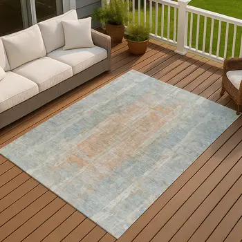 10' X 14' Sky Blue And Copper Abstract Washable Indoor Outdoor Area Rug