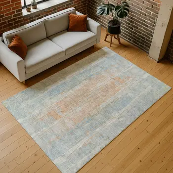 10' X 14' Sky Blue And Copper Abstract Washable Indoor Outdoor Area Rug
