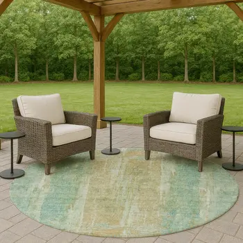 8' Teal Blue And Copper Round Abstract Washable Indoor Outdoor Area Rug