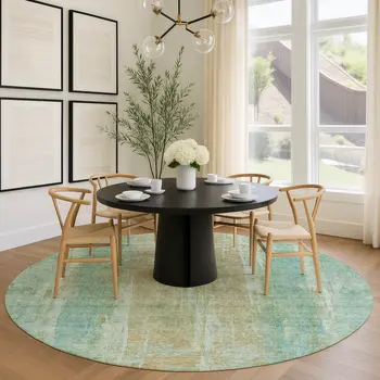8' Teal Blue And Copper Round Abstract Washable Indoor Outdoor Area Rug