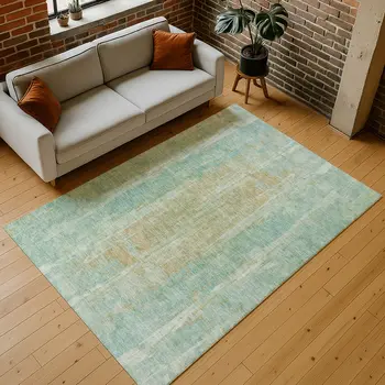 10' X 14' Teal Blue And Copper Abstract Washable Indoor Outdoor Area Rug