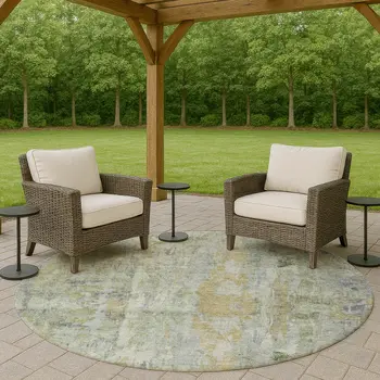 8' Artichoke Green And Blue Round Abstract Washable Indoor Outdoor Area Rug