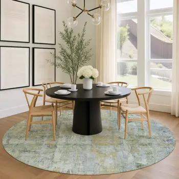 8' Artichoke Green And Blue Round Abstract Washable Indoor Outdoor Area Rug