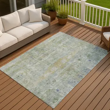8' X 10' Artichoke Green And Blue Abstract Washable Indoor Outdoor Area Rug