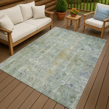 9' X 12' Artichoke Green And Blue Abstract Washable Indoor Outdoor Area Rug
