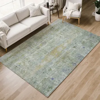 10' X 14' Artichoke Green And Blue Abstract Washable Indoor Outdoor Area Rug