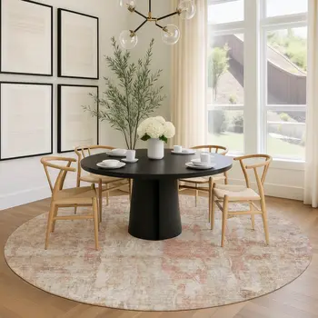 8' Beige And Salmon Round Abstract Washable Indoor Outdoor Area Rug
