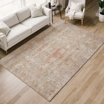 8' X 10' Beige And Salmon Abstract Washable Indoor Outdoor Area Rug