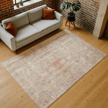 8' X 10' Beige And Salmon Abstract Washable Indoor Outdoor Area Rug