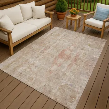 8' X 10' Beige And Salmon Abstract Washable Indoor Outdoor Area Rug