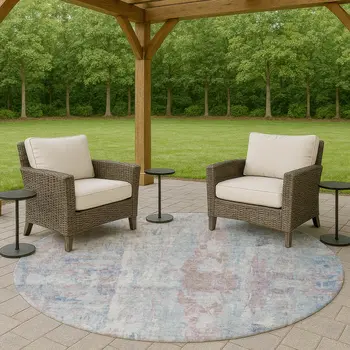 8' Blue And Blush Round Abstract Washable Indoor Outdoor Area Rug