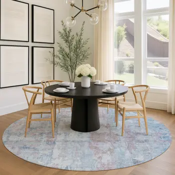 8' Blue And Blush Round Abstract Washable Indoor Outdoor Area Rug