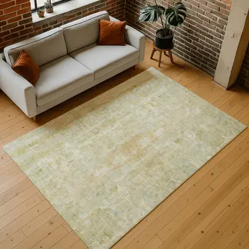 3' X 5' Key Lime And Copper Abstract Washable Indoor Outdoor Area Rug