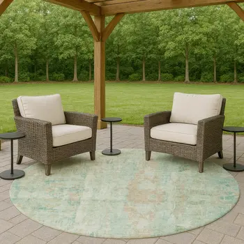 8' Turquoise And Copper Round Abstract Washable Indoor Outdoor Area Rug