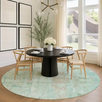 8' Turquoise And Copper Round Abstract Washable Indoor Outdoor Area Rug