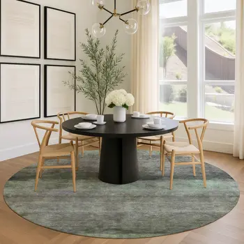 8' Artichoke Green And Gray Round Abstract Washable Indoor Outdoor Area Rug