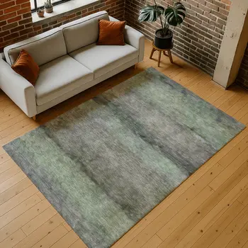 9' X 12' Artichoke Green And Gray Abstract Washable Indoor Outdoor Area Rug