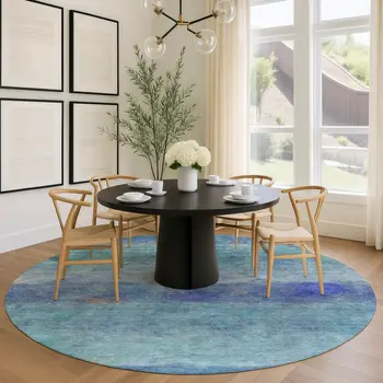 8' Blue And Ivory Round Abstract Washable Indoor Outdoor Area Rug
