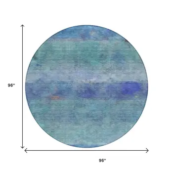 8' Blue And Ivory Round Abstract Washable Indoor Outdoor Area Rug