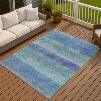 9' X 12' Blue And Ivory Abstract Washable Indoor Outdoor Area Rug