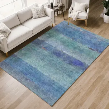 9' X 12' Blue And Ivory Abstract Washable Indoor Outdoor Area Rug