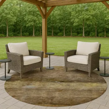 8' Brown And Taupe Round Abstract Washable Indoor Outdoor Area Rug