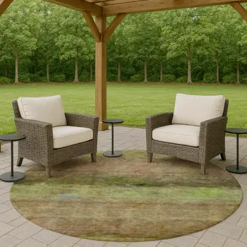 8' Olive Green And Brown Round Abstract Washable Indoor Outdoor Area Rug