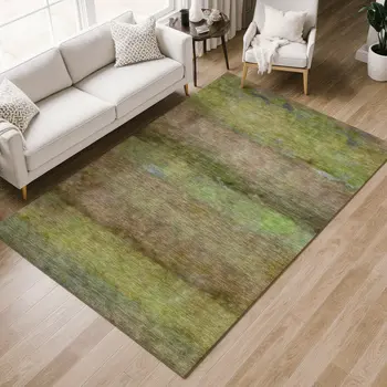 10' X 14' Olive Green And Brown Abstract Washable Indoor Outdoor Area Rug