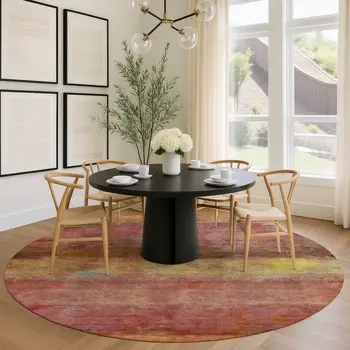 8' Orange Blush And Yellow Round Abstract Washable Indoor Outdoor Area Rug