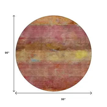 8' Orange Blush And Yellow Round Abstract Washable Indoor Outdoor Area Rug