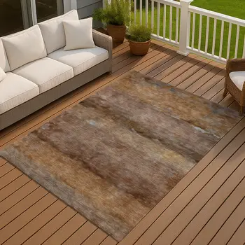 5' X 8' Khaki And Brown Abstract Washable Indoor Outdoor Area Rug