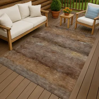 5' X 8' Khaki And Brown Abstract Washable Indoor Outdoor Area Rug