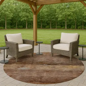 8' Khaki And Brown Round Abstract Washable Indoor Outdoor Area Rug