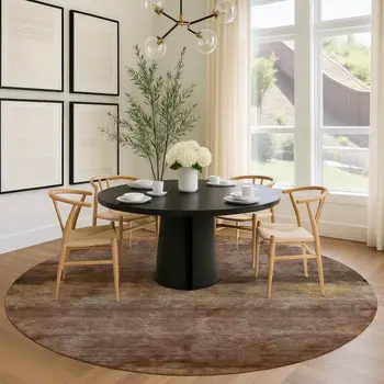 8' Khaki And Brown Round Abstract Washable Indoor Outdoor Area Rug