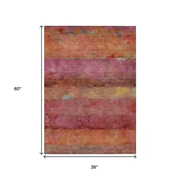 3' X 5' Pink Orange And Gold Abstract Washable Indoor Outdoor Area Rug