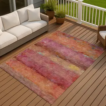 8' X 10' Pink Orange And Gold Abstract Washable Indoor Outdoor Area Rug