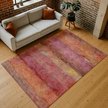 8' X 10' Pink Orange And Gold Abstract Washable Indoor Outdoor Area Rug