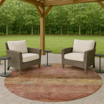 8' Terra Cotta And Gold Round Abstract Washable Indoor Outdoor Area Rug